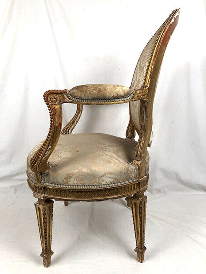 Fauteuil En Bois Sculpté Et Doré De Style Louis XVI, Vers 1900-photo-6