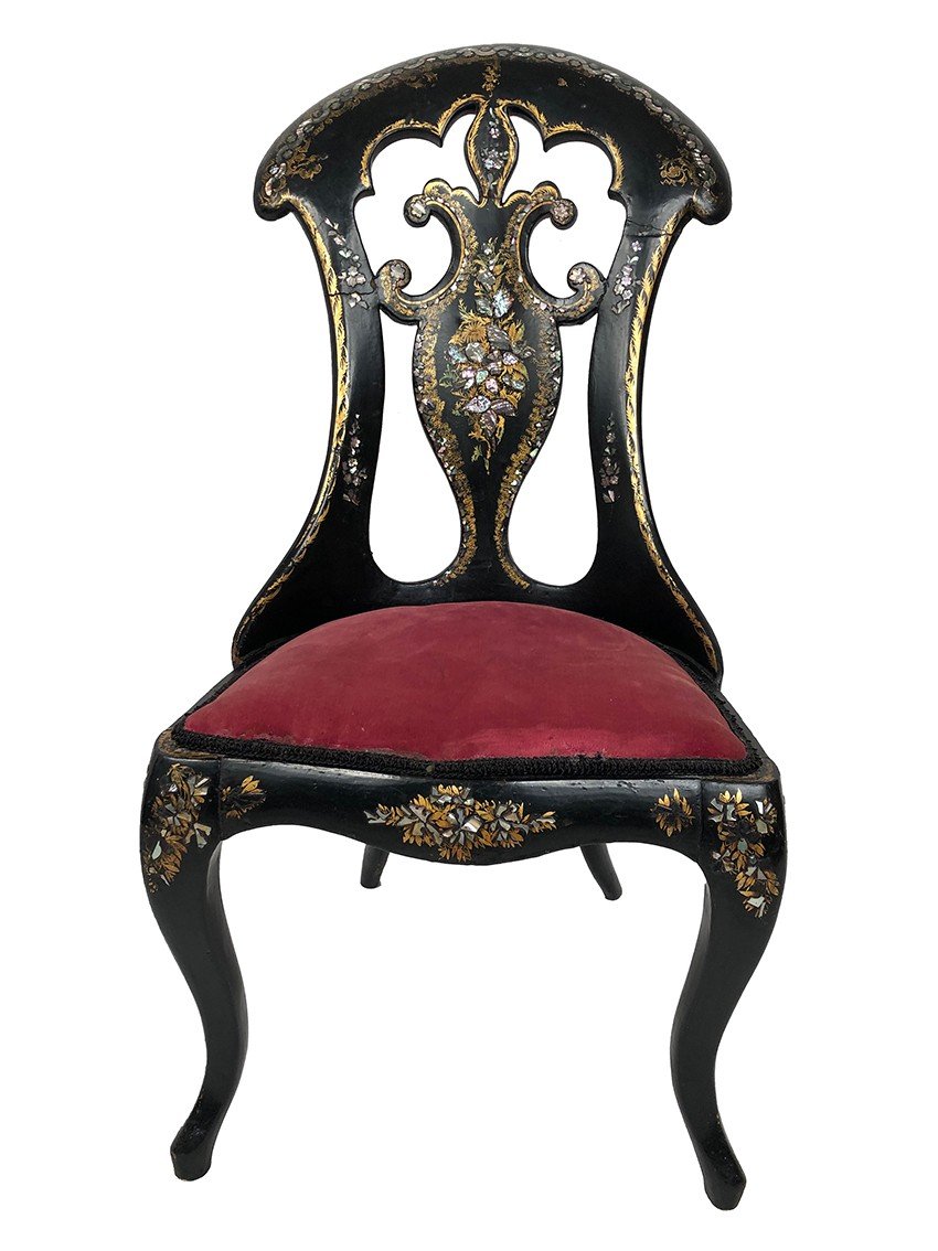 Chaise à Haut Dossier En Bois Et Carton Bouilli Burgauté, Napoléon III-photo-2