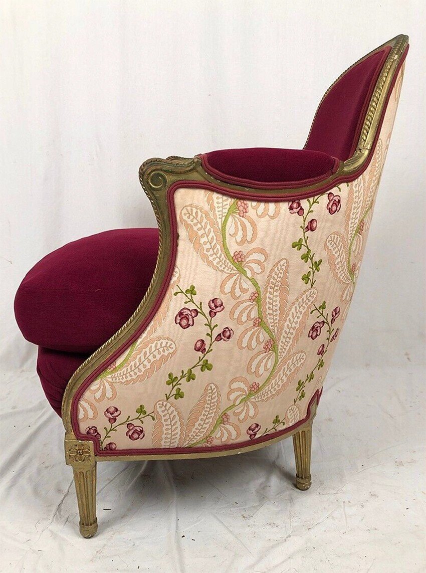 Bergère En Bois Doré Garnie De Soie Et Velours Fuchsia, Art Déco D’inspiration Louis XVI-photo-4