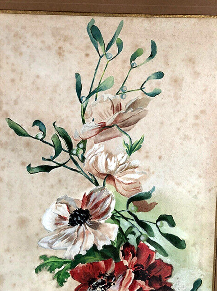 Pair Of Watercolors, Bouquets Of Flowers. Around 1900-photo-4