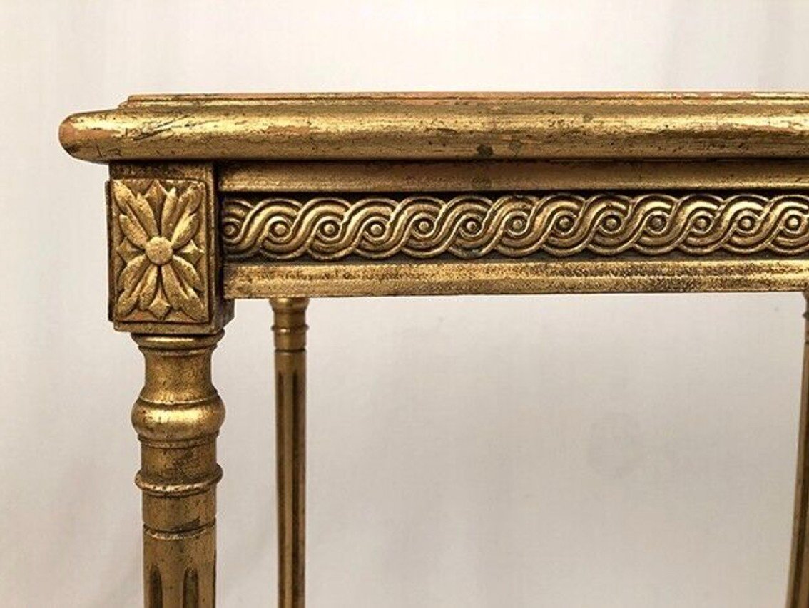 Louis XVI Style Pedestal Table In Golden Wood And Marble Top-photo-3