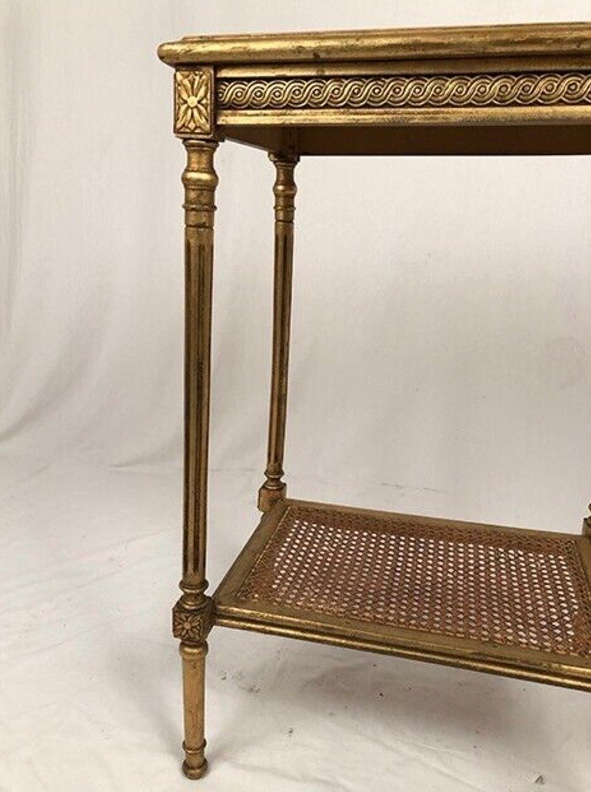 Louis XVI Style Pedestal Table In Golden Wood And Marble Top-photo-4