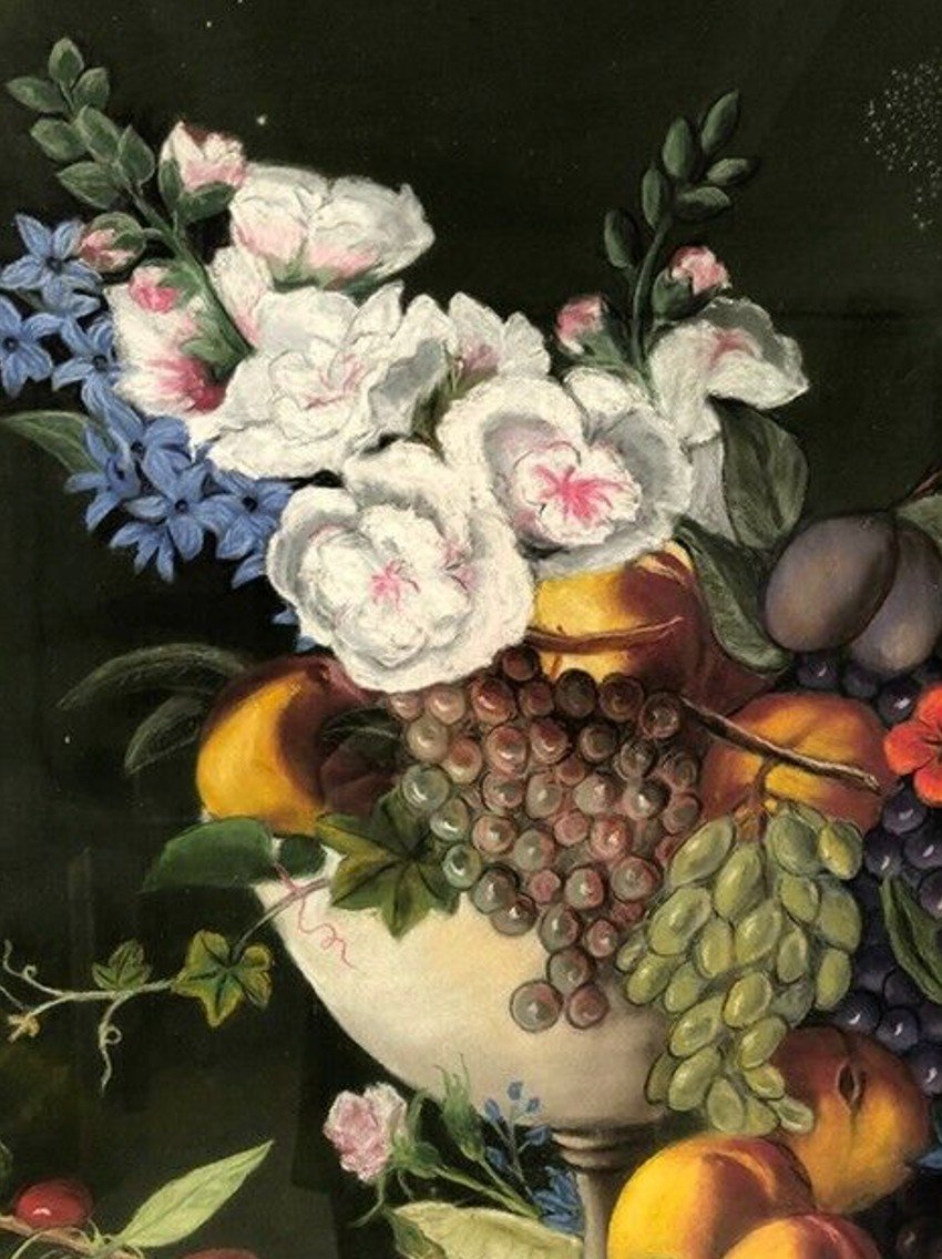 Grand Pastel Signé Annie Faure (1940 – 2021), Nature Morte Aux Fleurs Et Aux Fruits-photo-3