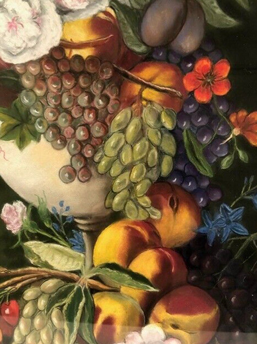 Grand Pastel Signé Annie Faure (1940 – 2021), Nature Morte Aux Fleurs Et Aux Fruits-photo-4