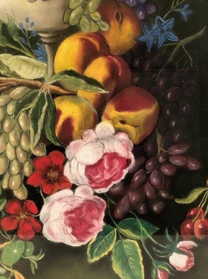 Grand Pastel Signé Annie Faure (1940 – 2021), Nature Morte Aux Fleurs Et Aux Fruits-photo-1