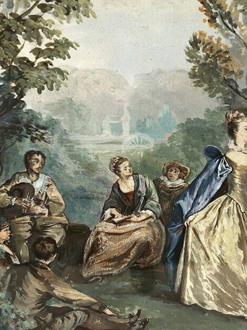 Party In The Garden, Framed Watercolor Late 19th Century-photo-3