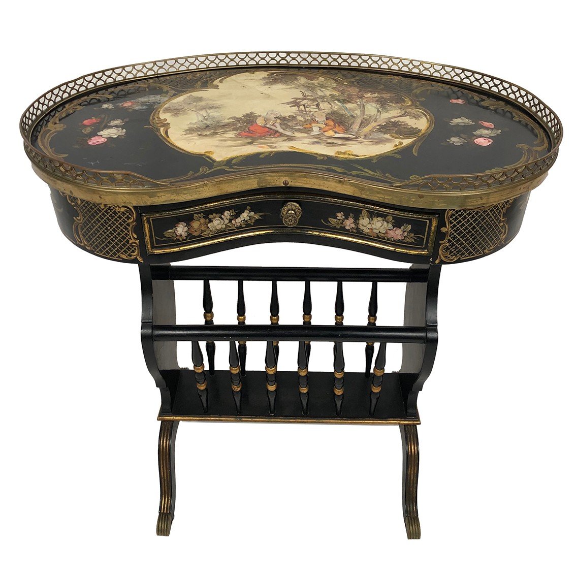 Small Kidney-shaped Table In Black Lacquered Wood And Rich Painted Decor, Forming A Magazine Rack. -photo-2