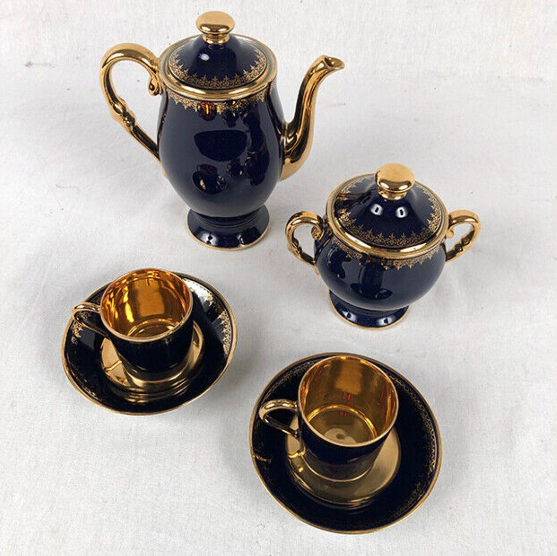 Coffee Service, Limoges Goumont Labesse Porcelain, Bleu De Four And Gold-photo-2