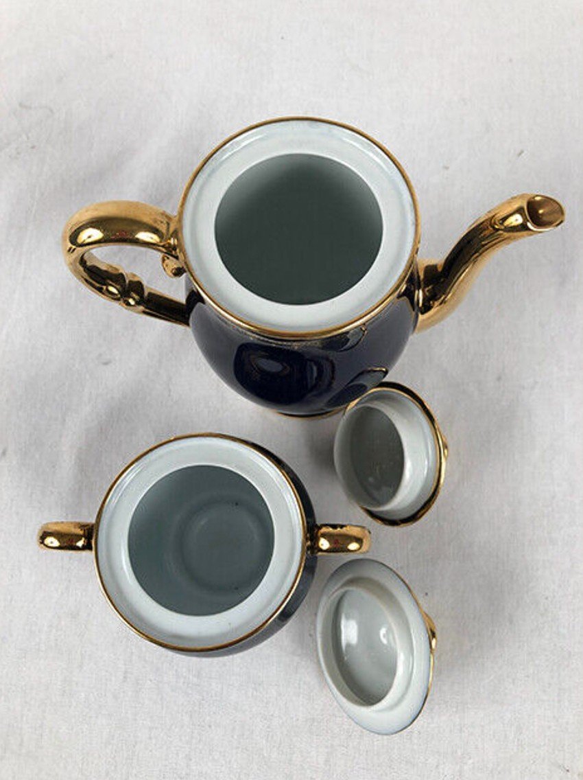 Coffee Service, Limoges Goumont Labesse Porcelain, Bleu De Four And Gold-photo-4