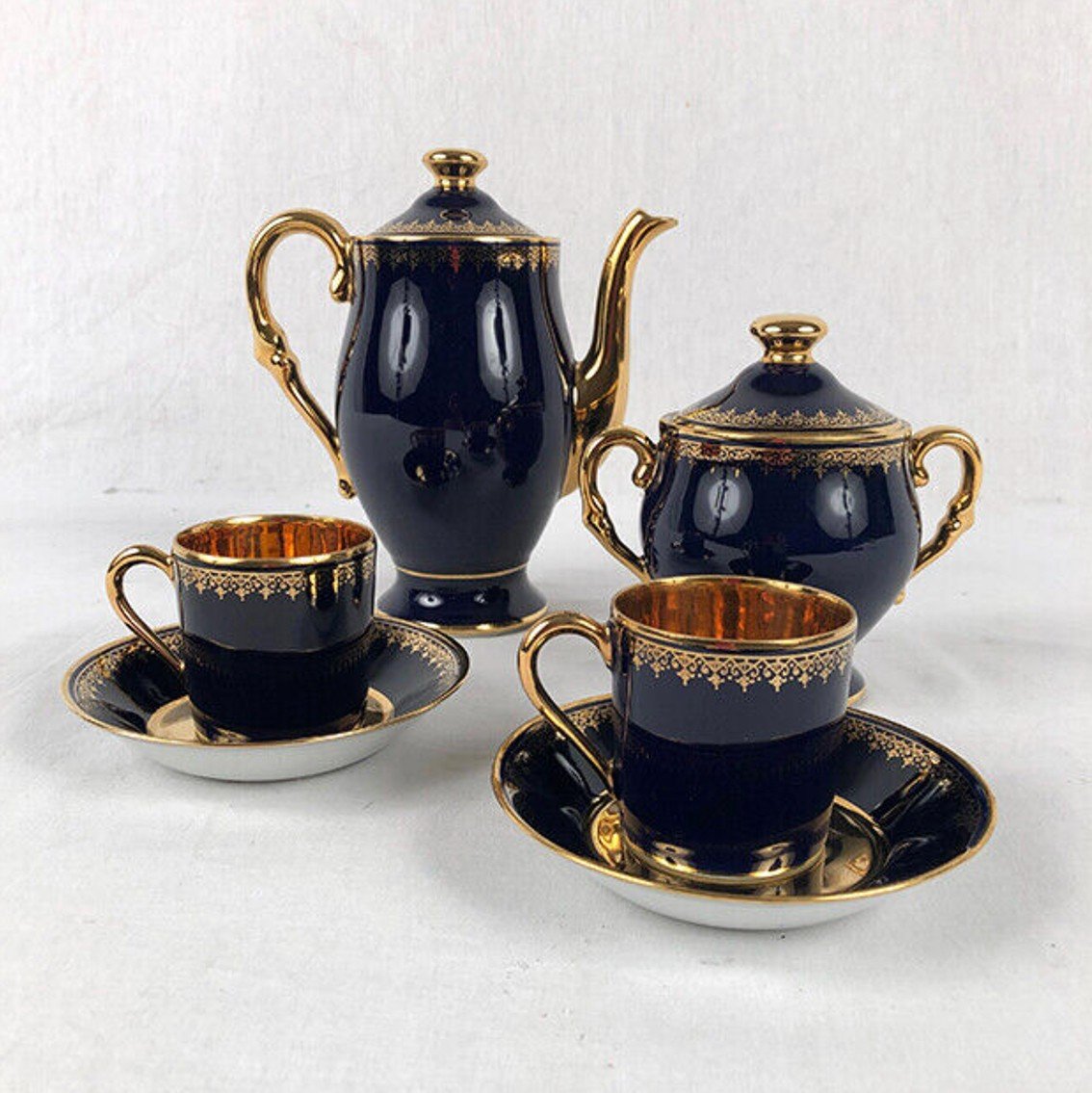 Coffee Service, Limoges Goumont Labesse Porcelain, Bleu De Four And Gold