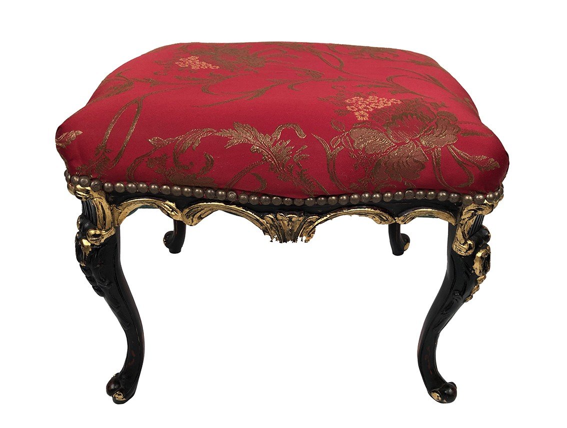 Stool In Carved And Lacquered Black And Gold Wood, Louis XV Style And Chinese Inspiration-photo-2