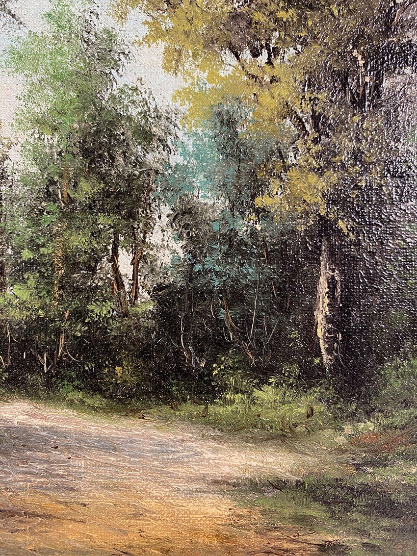 Alain Bonnaud (20th Century), Small Oil On Canvas. “woman On A Path In The Forest”-photo-1