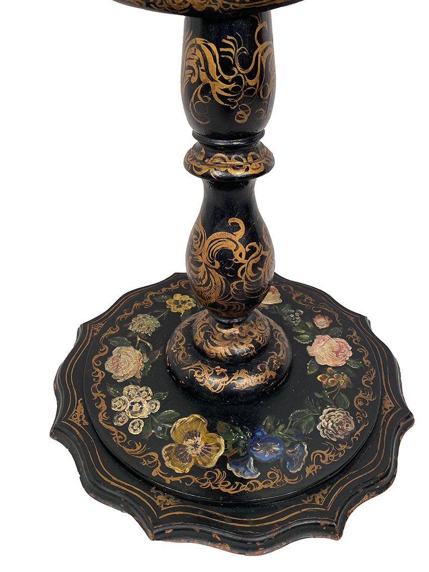 Napoleon III Tilting Pedestal Table, Wood And Burgundy Boiled Cardboard And Painted With Flower Decor-photo-1