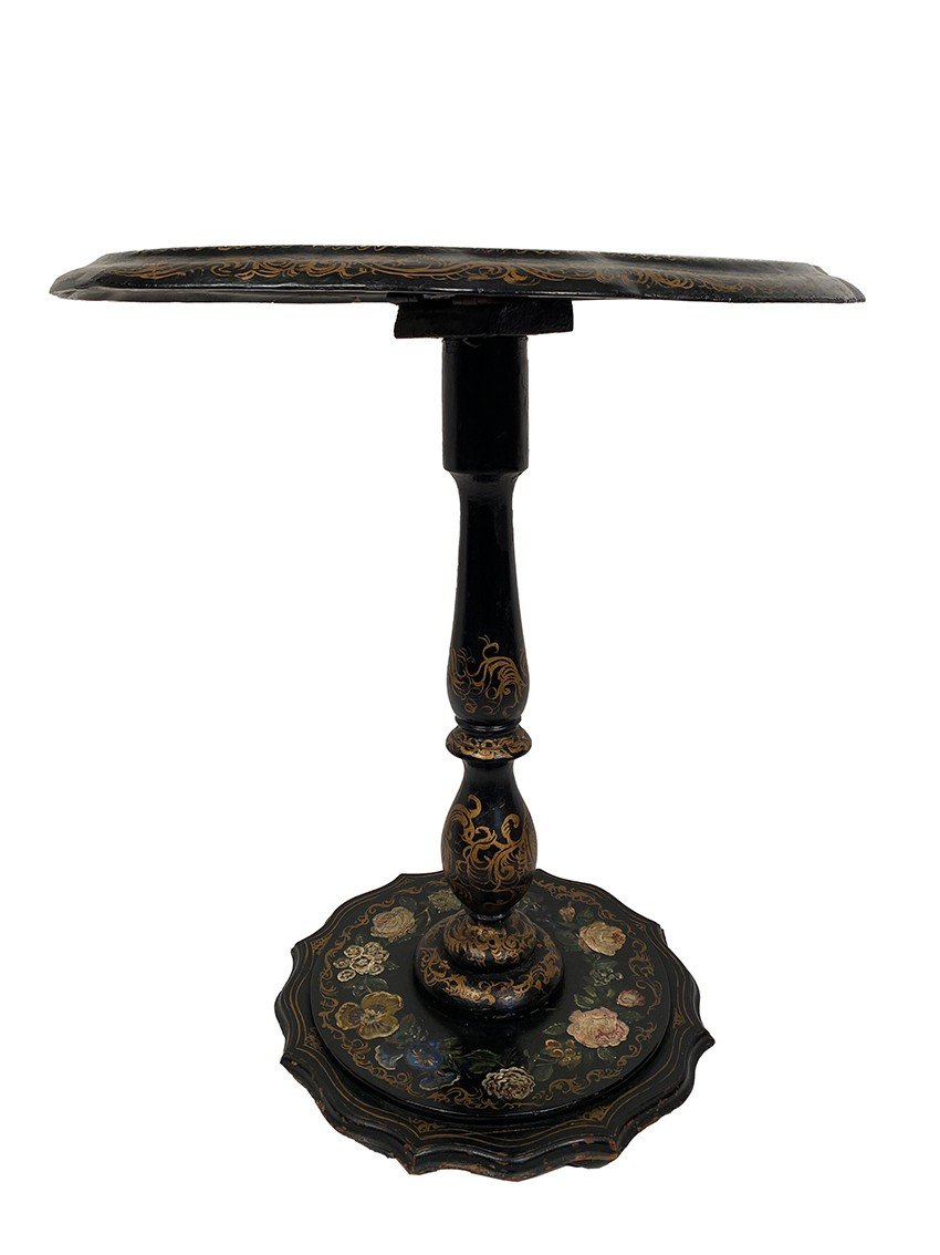 Napoleon III Tilting Pedestal Table, Wood And Burgundy Boiled Cardboard And Painted With Flower Decor-photo-3