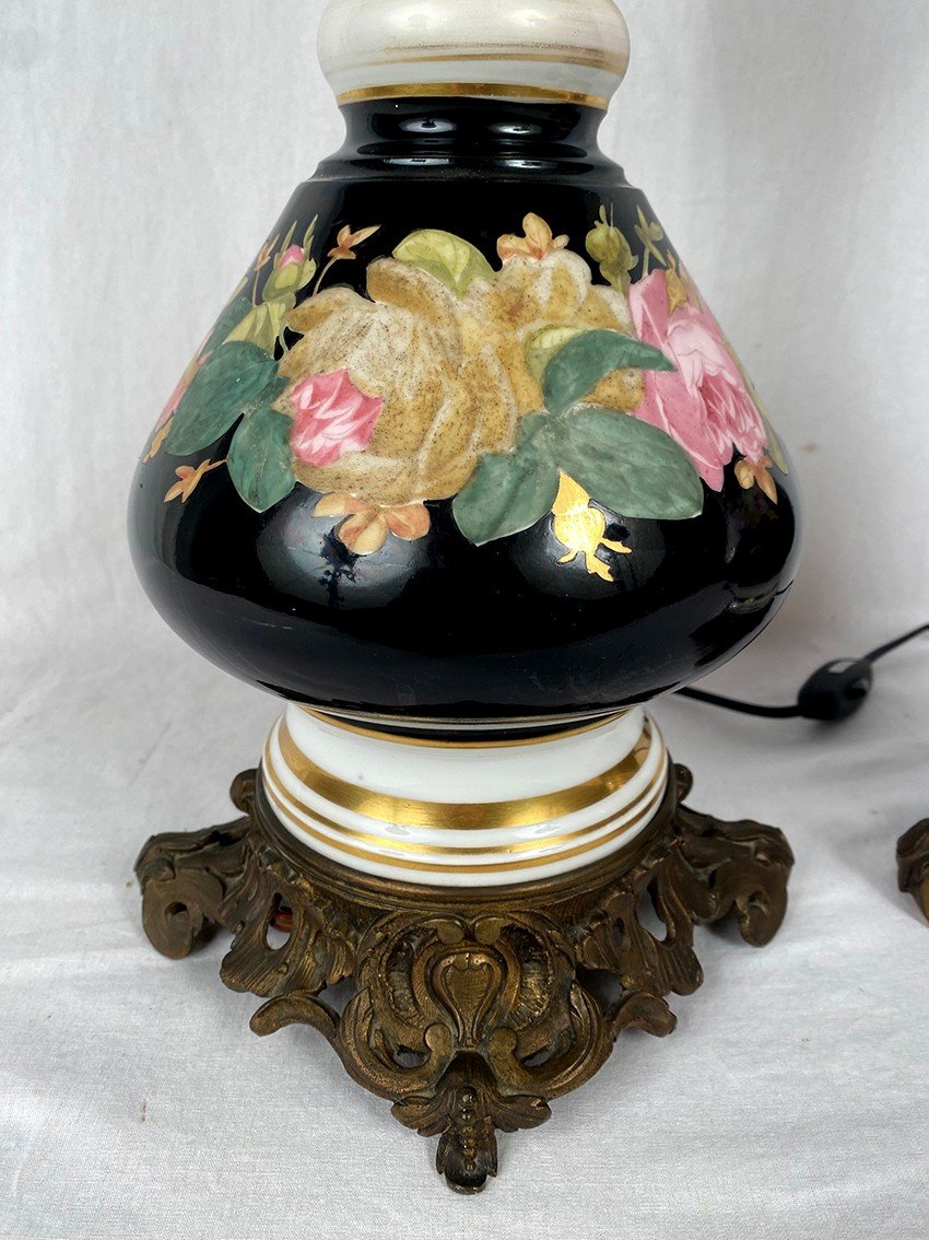 Pair Of Oil Lamps Mounted With Electricity, Porcelain With Rose Decor-photo-3