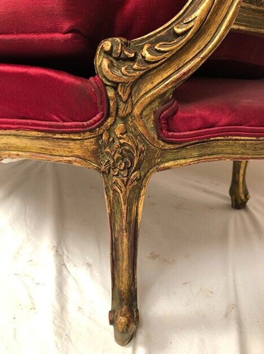 Small Louis XV Style Basket Sofa, Golden Wood And Double Cannage-photo-2