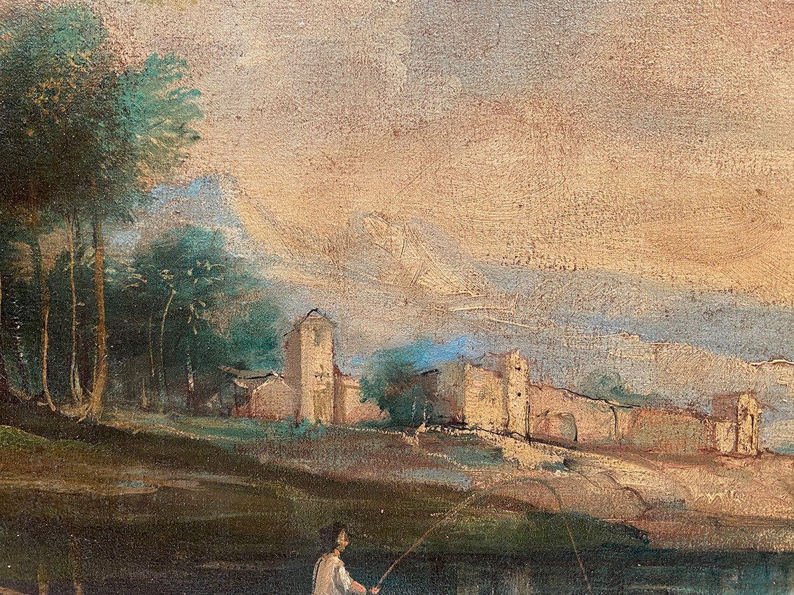 20th Century Italian School In The Taste Of The 18th Century. Oil On Canvas, “animated Landscape”.-photo-4