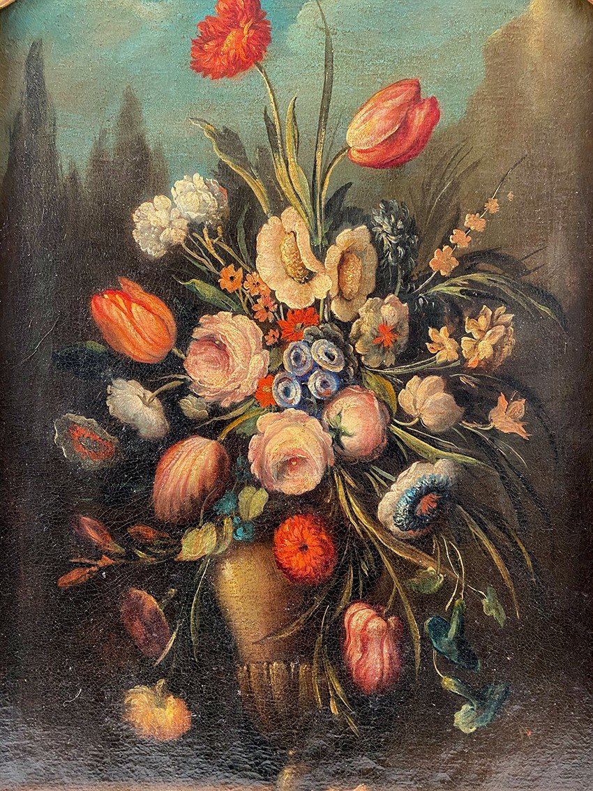 Still Life With A Bouquet Of Flowers. 20th Century Italian School In The Taste Of The 17th Century, Oil On Canvas-photo-2