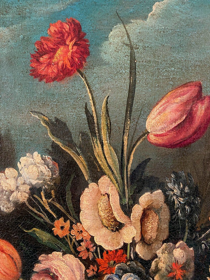 Still Life With A Bouquet Of Flowers. 20th Century Italian School In The Taste Of The 17th Century, Oil On Canvas-photo-3