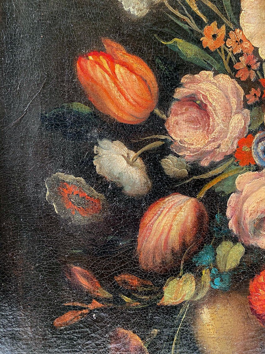 Still Life With A Bouquet Of Flowers. 20th Century Italian School In The Taste Of The 17th Century, Oil On Canvas-photo-1