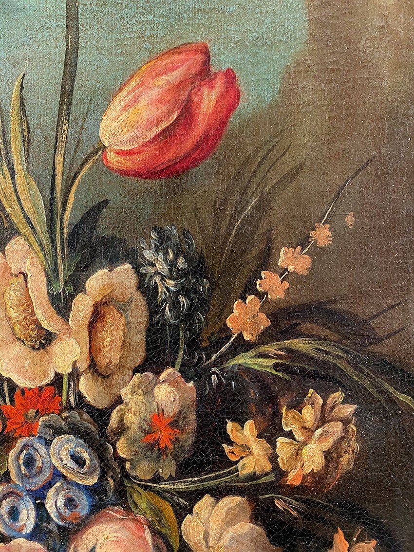 Still Life With A Bouquet Of Flowers. 20th Century Italian School In The Taste Of The 17th Century, Oil On Canvas-photo-4