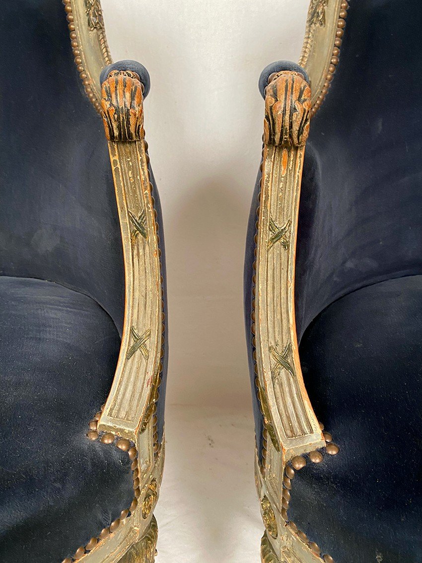 Pair Of Louis XVI Style Bergeres In Gray Lacquered Wood And Gold Rechampi, Late 19th Century-photo-1