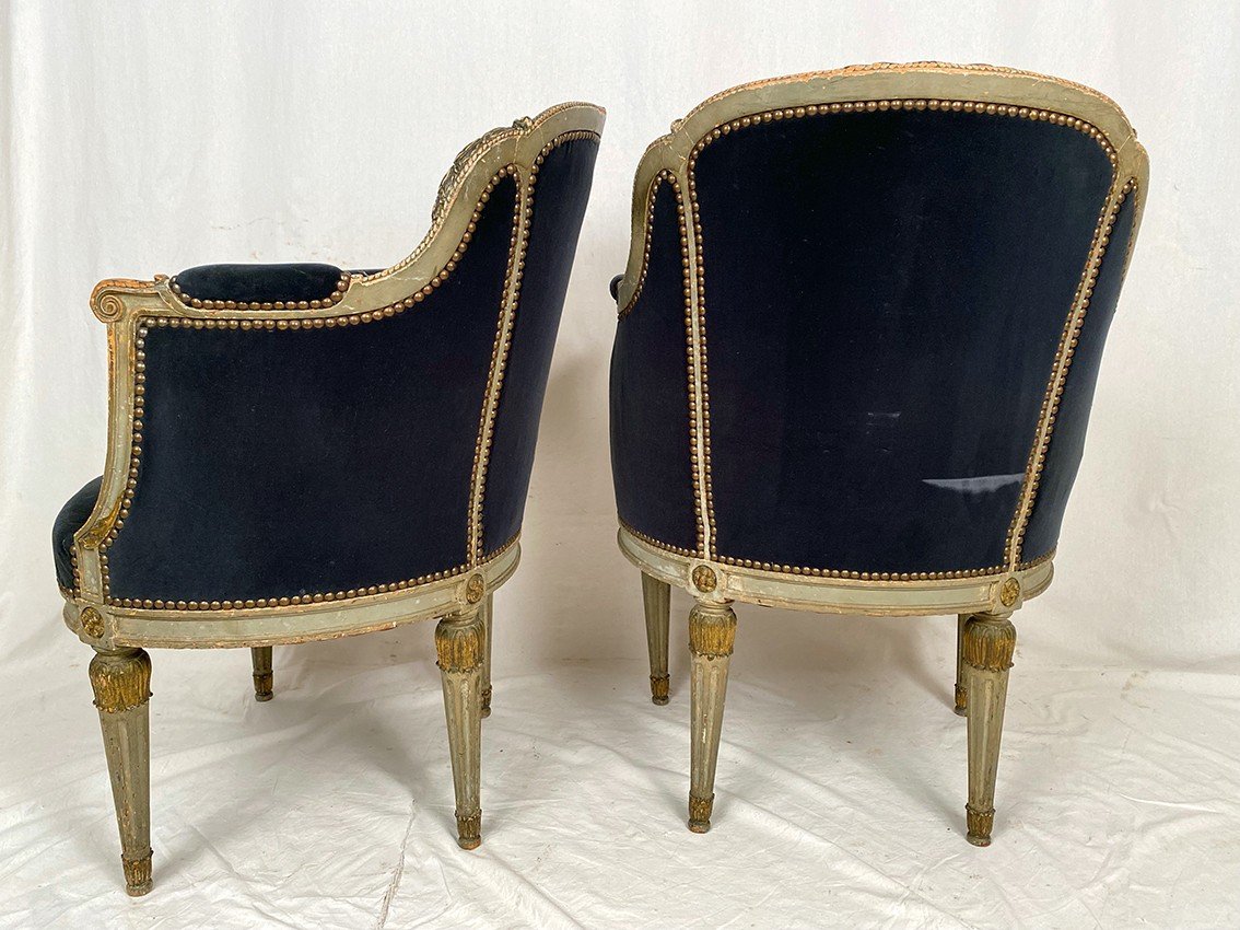 Pair Of Louis XVI Style Bergeres In Gray Lacquered Wood And Gold Rechampi, Late 19th Century-photo-4