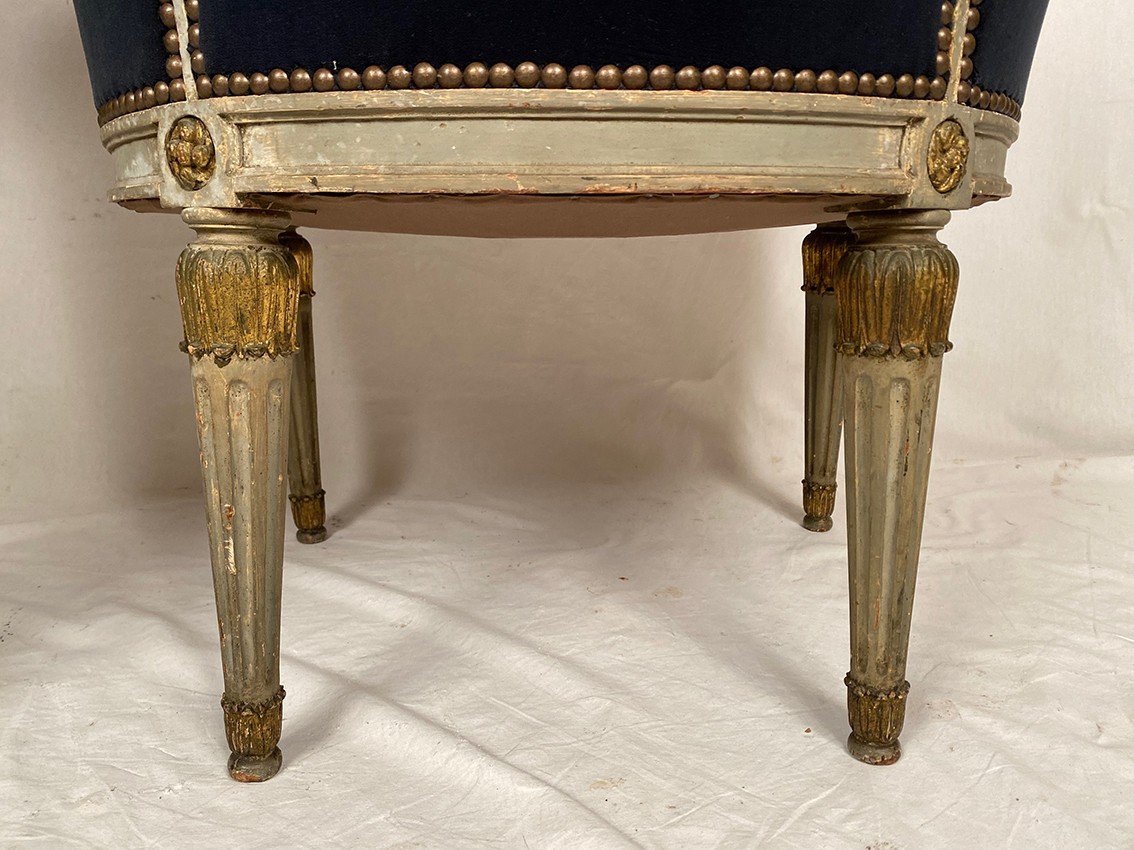 Pair Of Louis XVI Style Bergeres In Gray Lacquered Wood And Gold Rechampi, Late 19th Century-photo-5