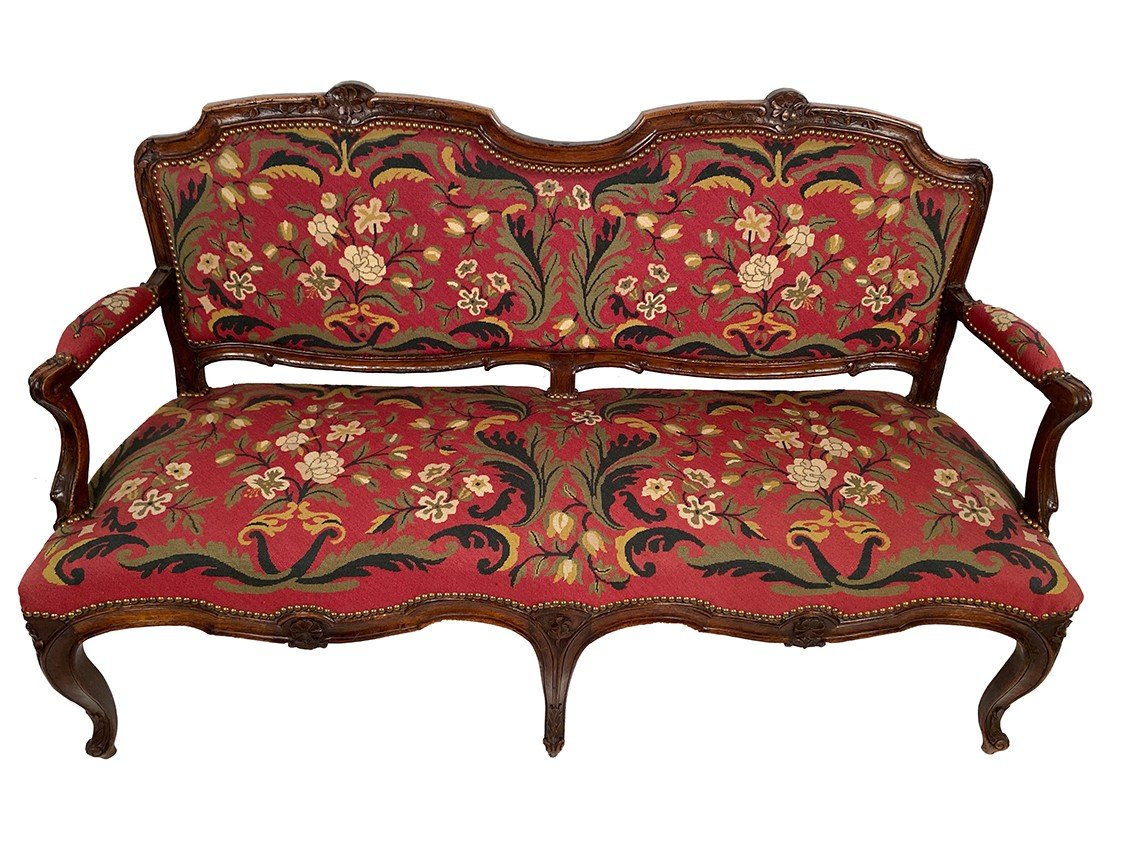 Louis XV Style Bench Upholstered With A Petit Point Tapestry, Early 19th Century-photo-2