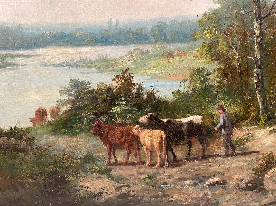 “landscape With Cows”, Large Oil On Canvas 19th Century Signed E.perrier-photo-3