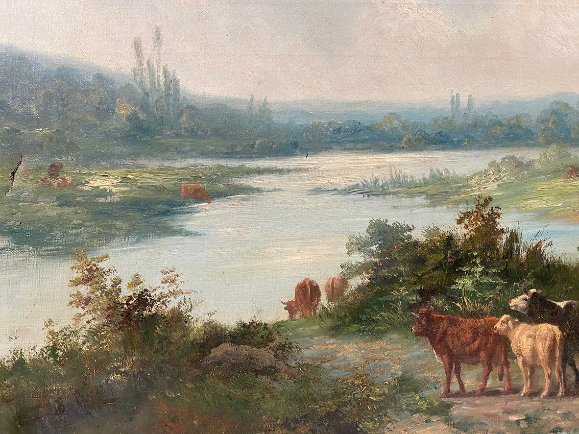 “landscape With Cows”, Large Oil On Canvas 19th Century Signed E.perrier-photo-3