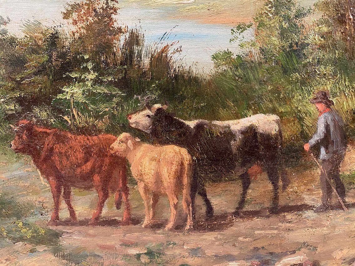 “landscape With Cows”, Large Oil On Canvas 19th Century Signed E.perrier-photo-4