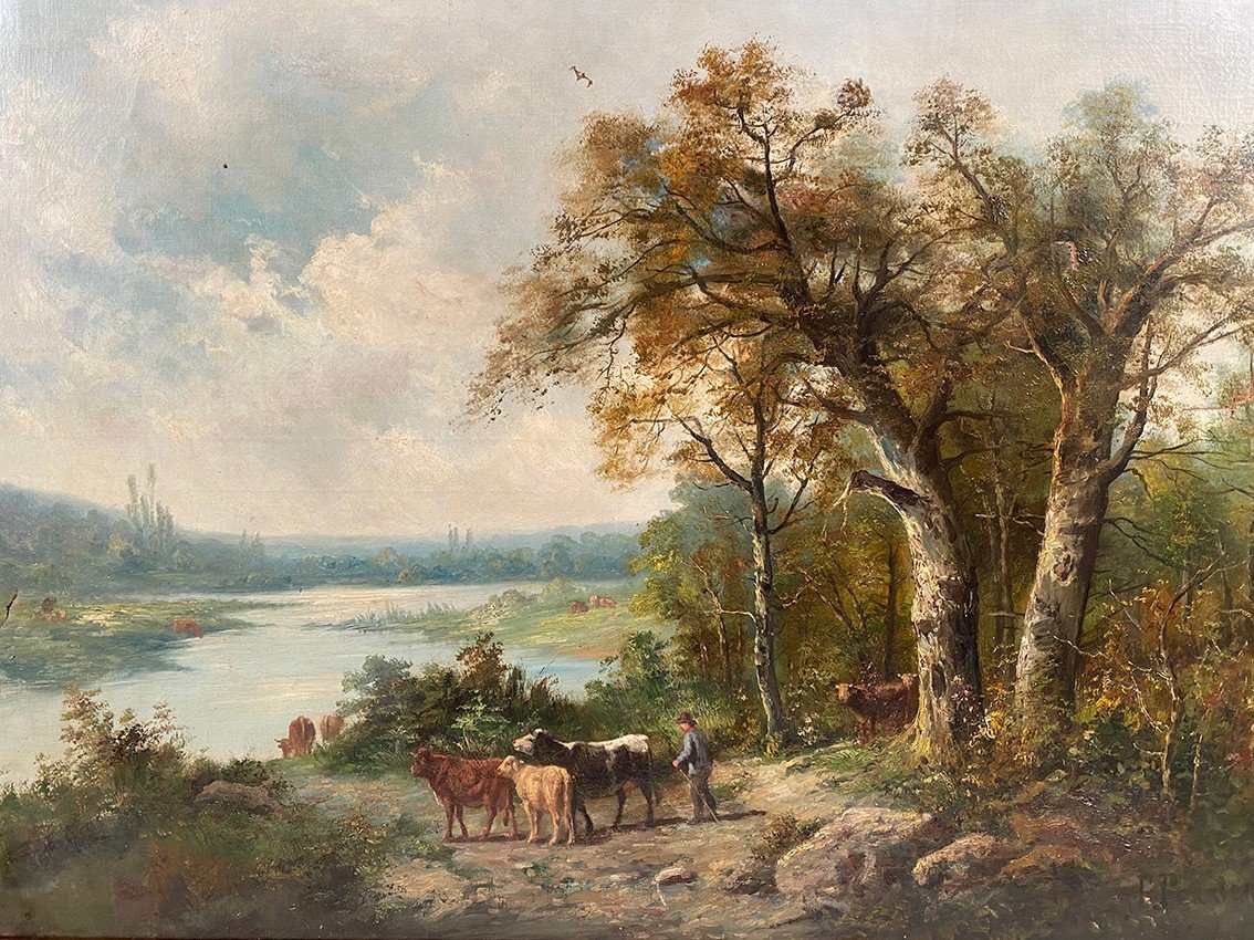 “landscape With Cows”, Large Oil On Canvas 19th Century Signed E.perrier