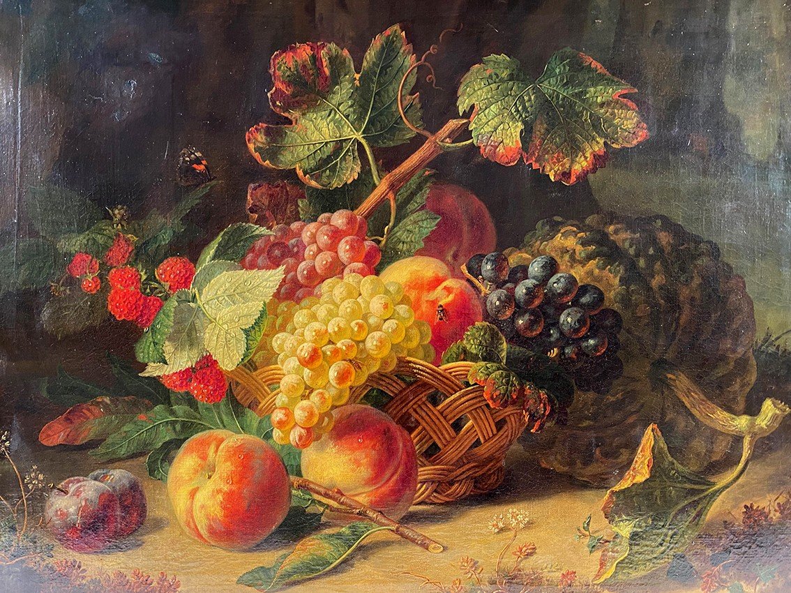 Ecole Hollandaise XIXe, Huile Sur Toile “nature Morte Au Panier De Fruits”