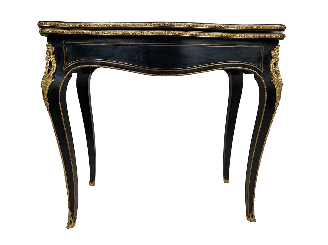 Napoleon III Console Forming A Games Table, Blackened Wood And Brass Marquetry-photo-2