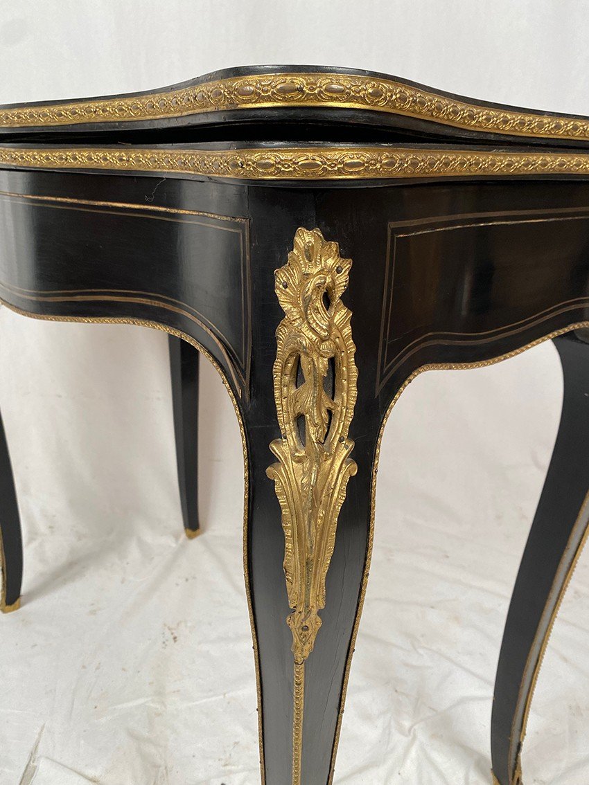 Napoleon III Console Forming A Games Table, Blackened Wood And Brass Marquetry-photo-2