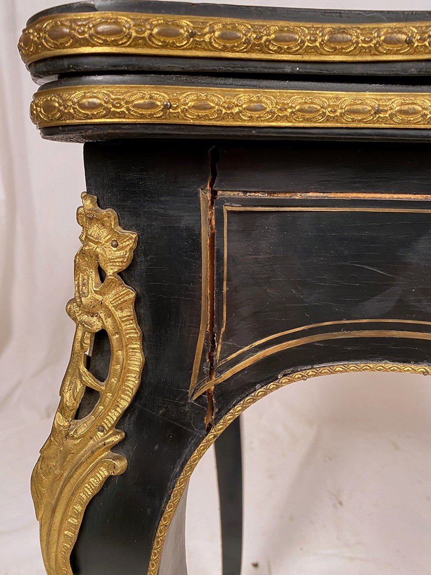 Napoleon III Console Forming A Games Table, Blackened Wood And Brass Marquetry-photo-7