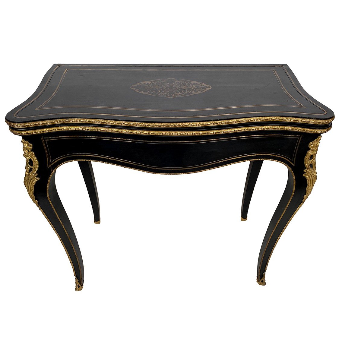 Napoleon III Console Forming A Games Table, Blackened Wood And Brass Marquetry