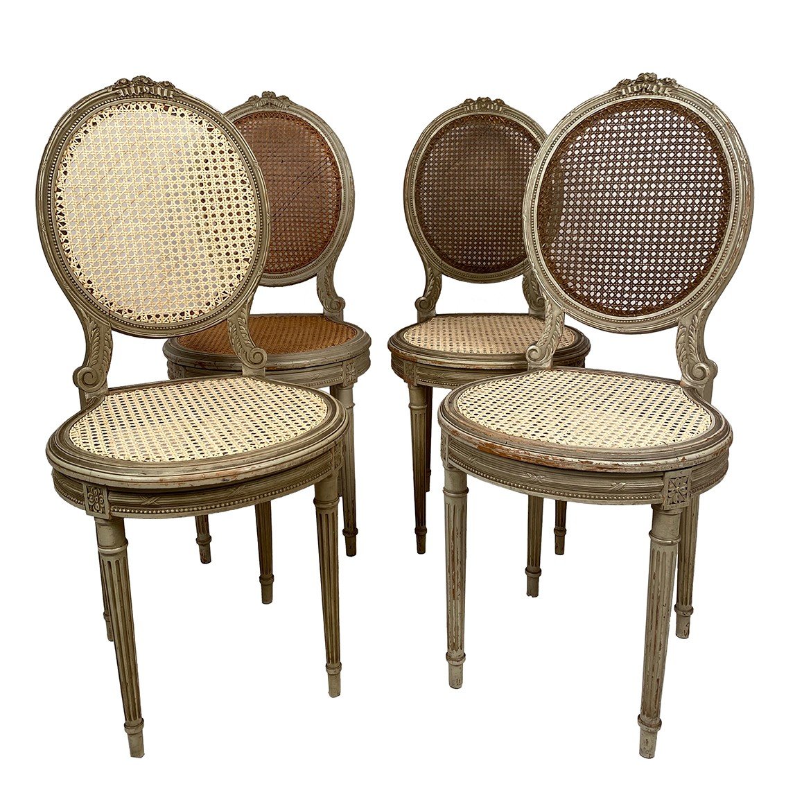 Set Of Four Louis XVI Style Chairs, Grey Lacquered Wood. Circa 1900