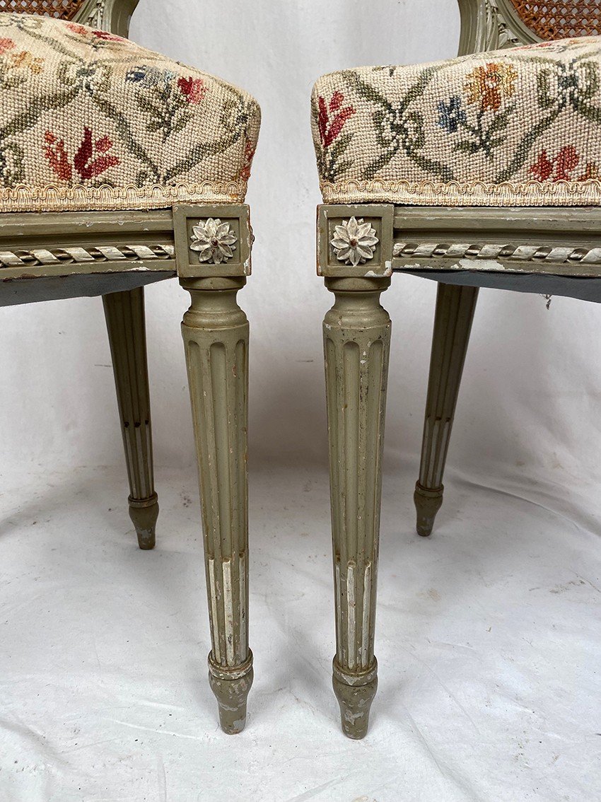 Paire De Chaises En Bois Laqué Gris, De Style Louis XVI. Fin XIXe Ou Début XXe-photo-3