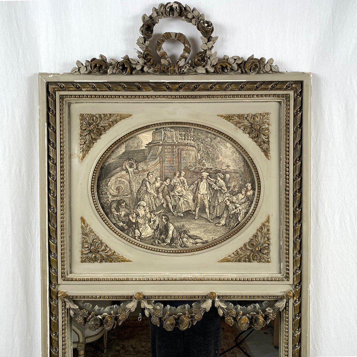 Louis XVI Style Trumeau In Grey Lacquered Wood And Gold Highlights, Late 19th Century-photo-2