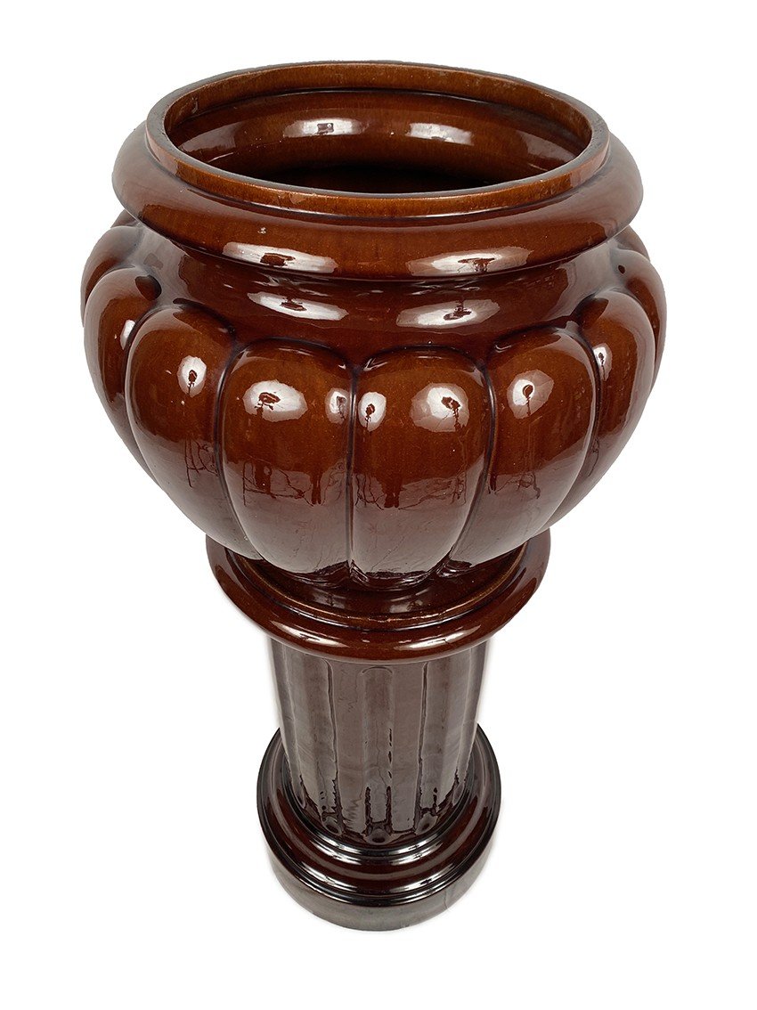 Complete In Glazed Ceramic In Brown Tones, Planter On Its Column-photo-2