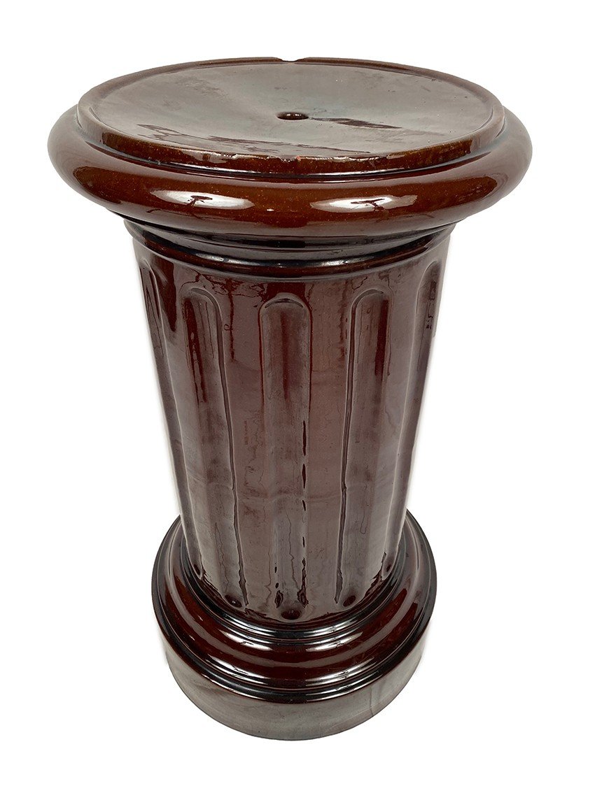 Complete In Glazed Ceramic In Brown Tones, Planter On Its Column-photo-3