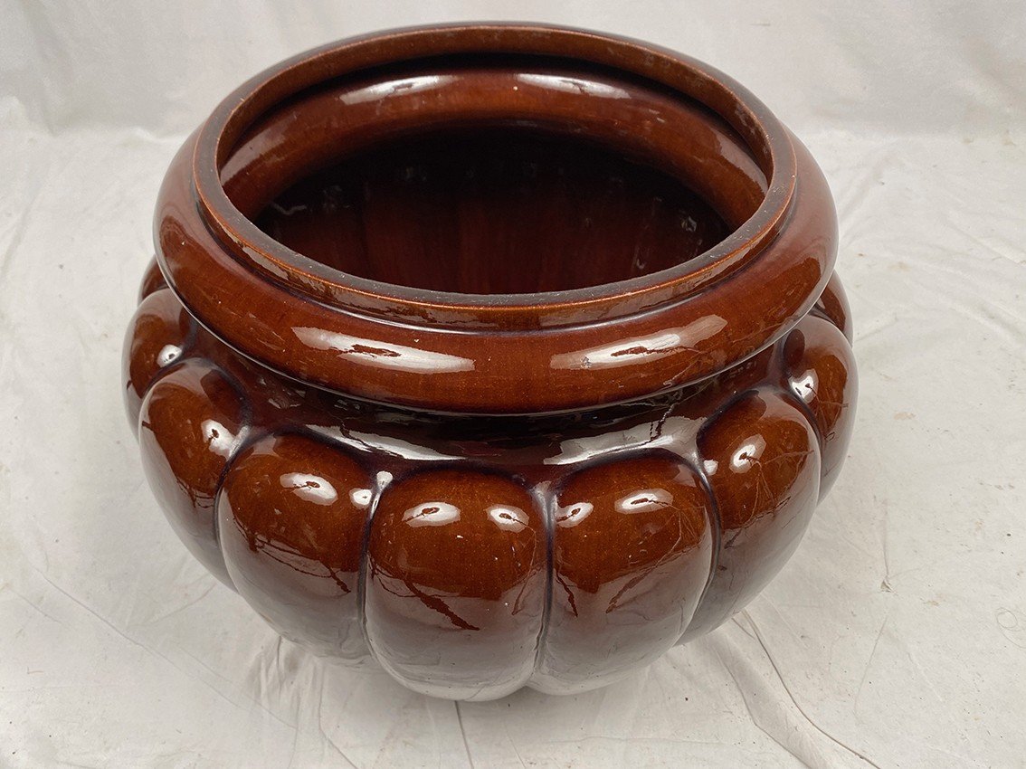 Complete In Glazed Ceramic In Brown Tones, Planter On Its Column-photo-4