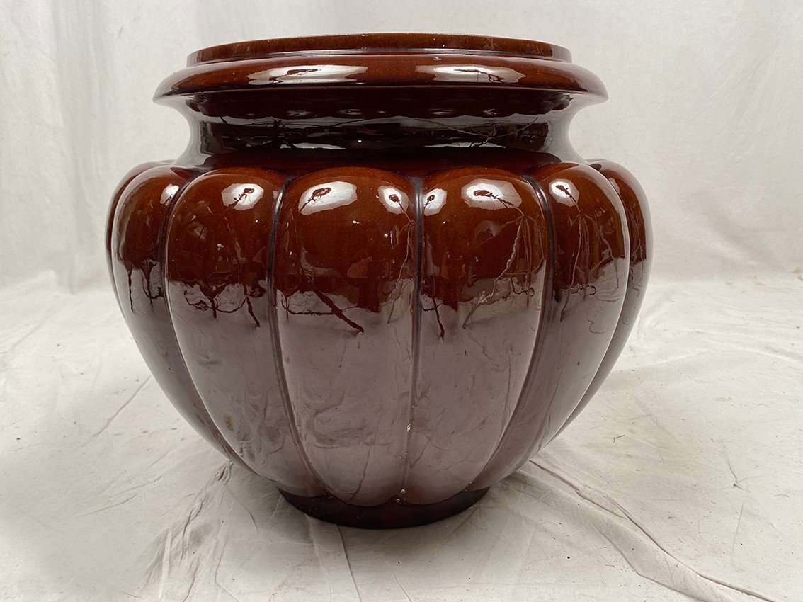 Complete In Glazed Ceramic In Brown Tones, Planter On Its Column-photo-7