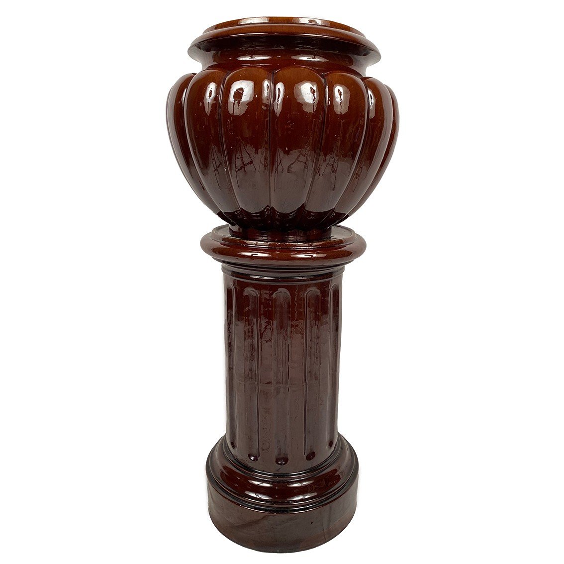 Complete In Glazed Ceramic In Brown Tones, Planter On Its Column