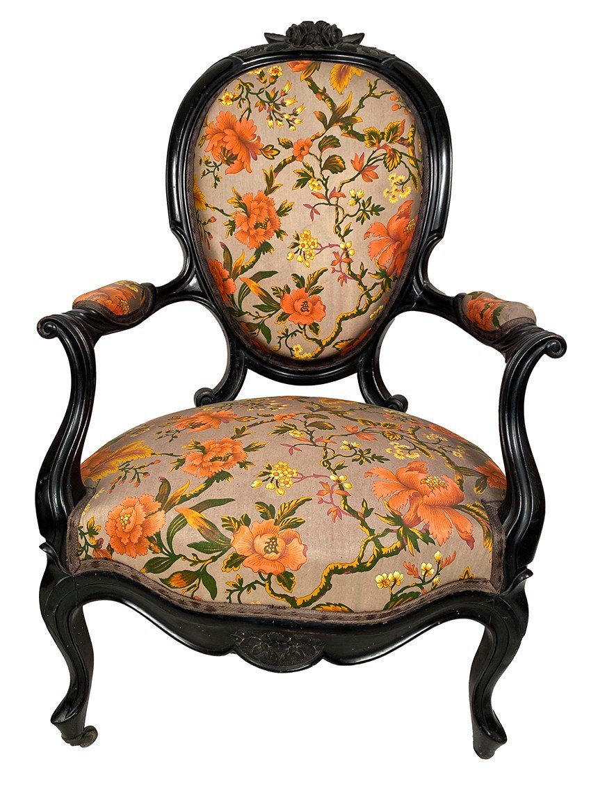 Pair Of Napoleon III Armchairs, In Blackened Wood, Upholstered In Floral Pattern Fabric-photo-2