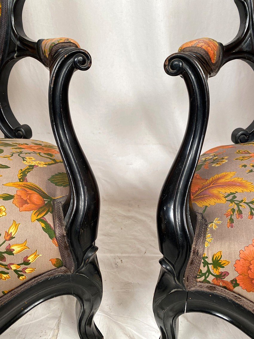 Pair Of Napoleon III Armchairs, In Blackened Wood, Upholstered In Floral Pattern Fabric-photo-3