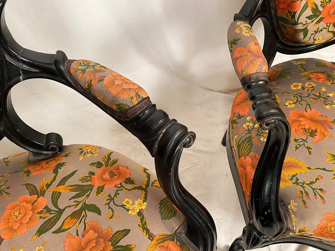 Pair Of Napoleon III Armchairs, In Blackened Wood, Upholstered In Floral Pattern Fabric-photo-4