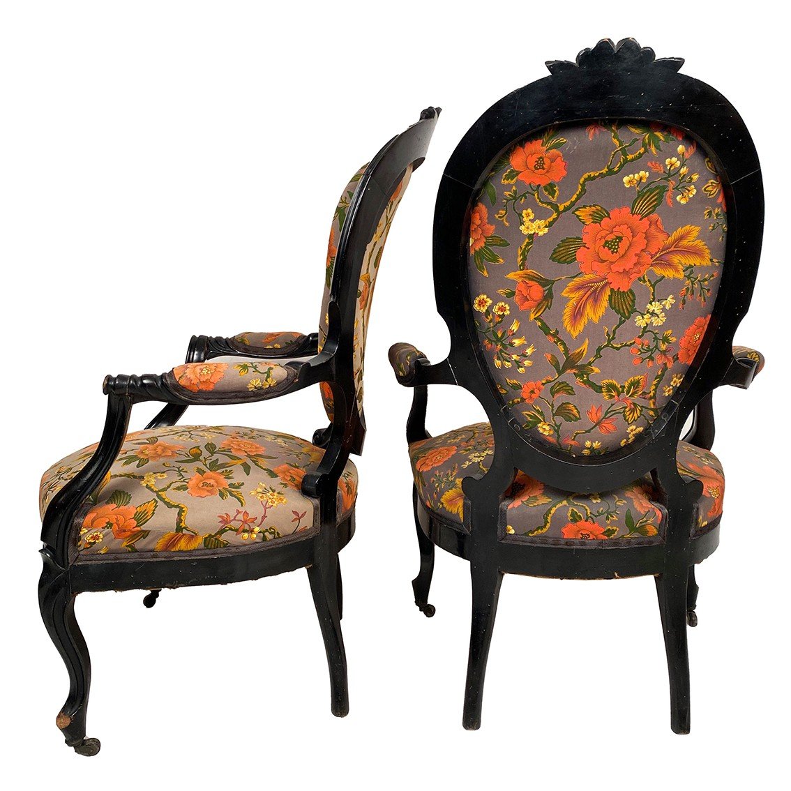 Pair Of Napoleon III Armchairs, In Blackened Wood, Upholstered In Floral Pattern Fabric-photo-3